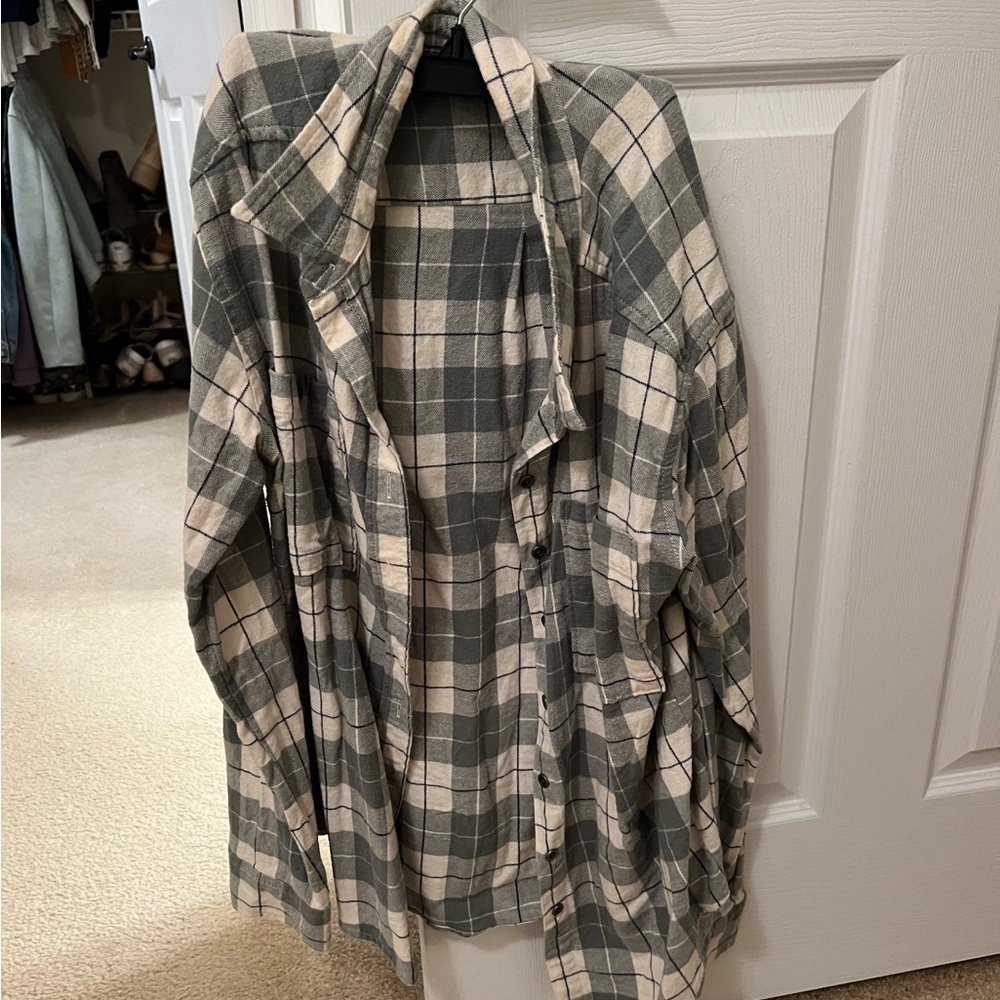 Eucalyptus colored flannel with cream, and navy stripes